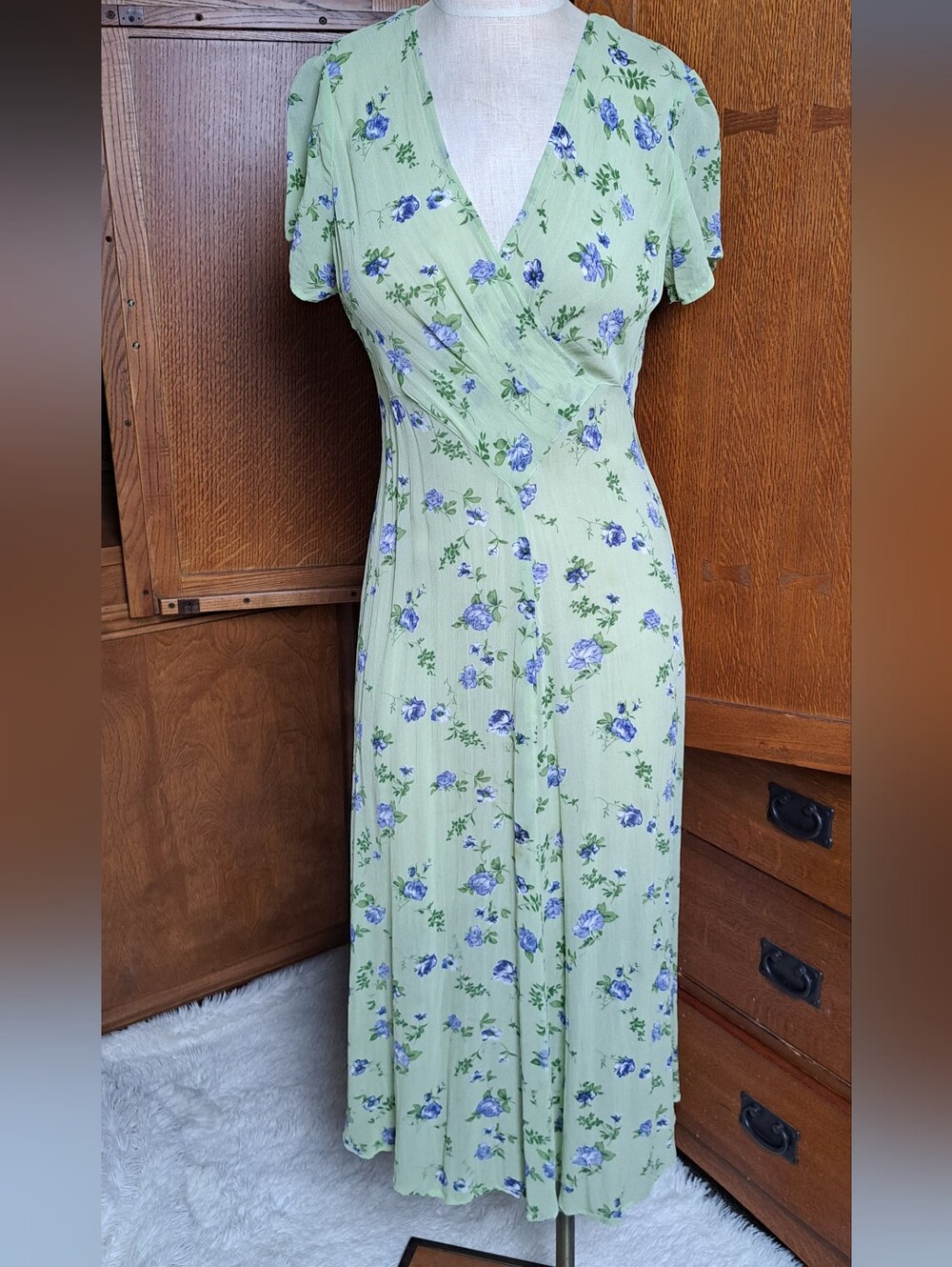 Dreamy vintage 90s April Cornell maxi dress soft sage green blue Floral Pattern